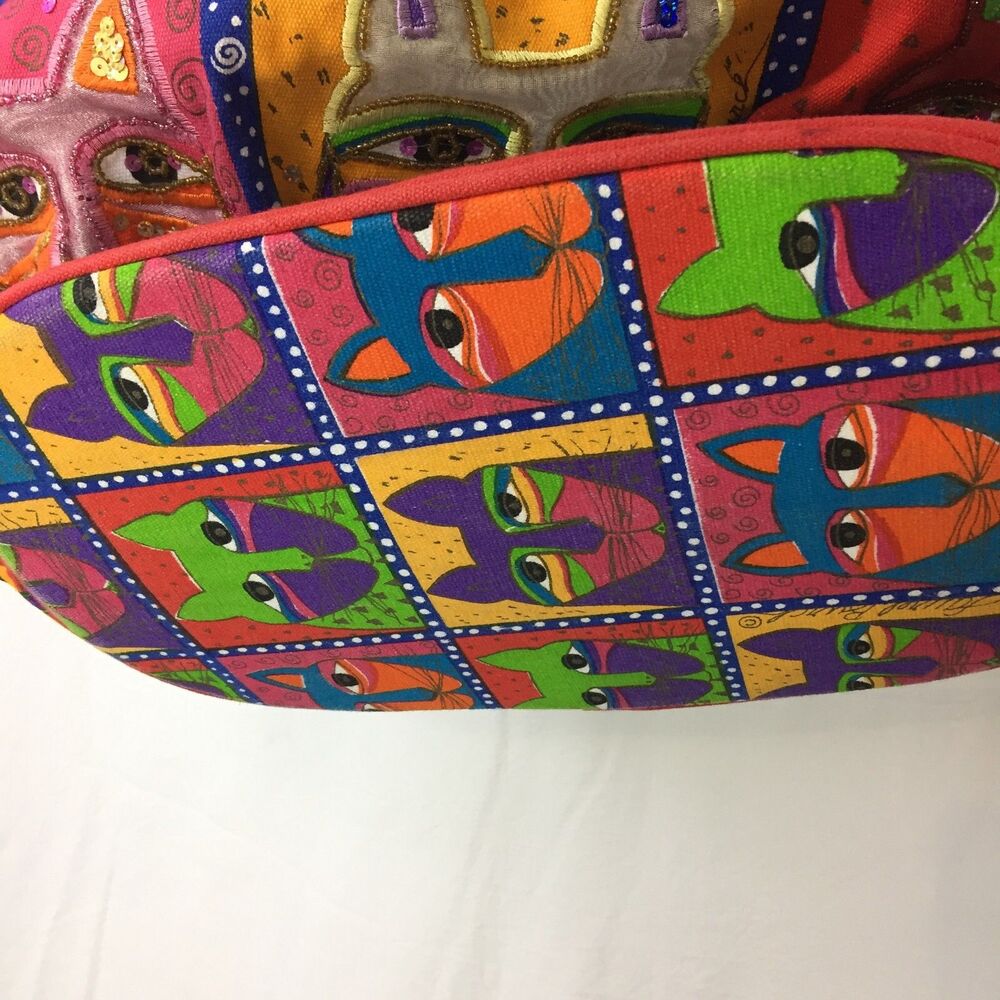 Laurel Burch Multicolored Cat Canvas Tote Bag Beaded Sequin Colorblock Charm - Picture 5 of 10